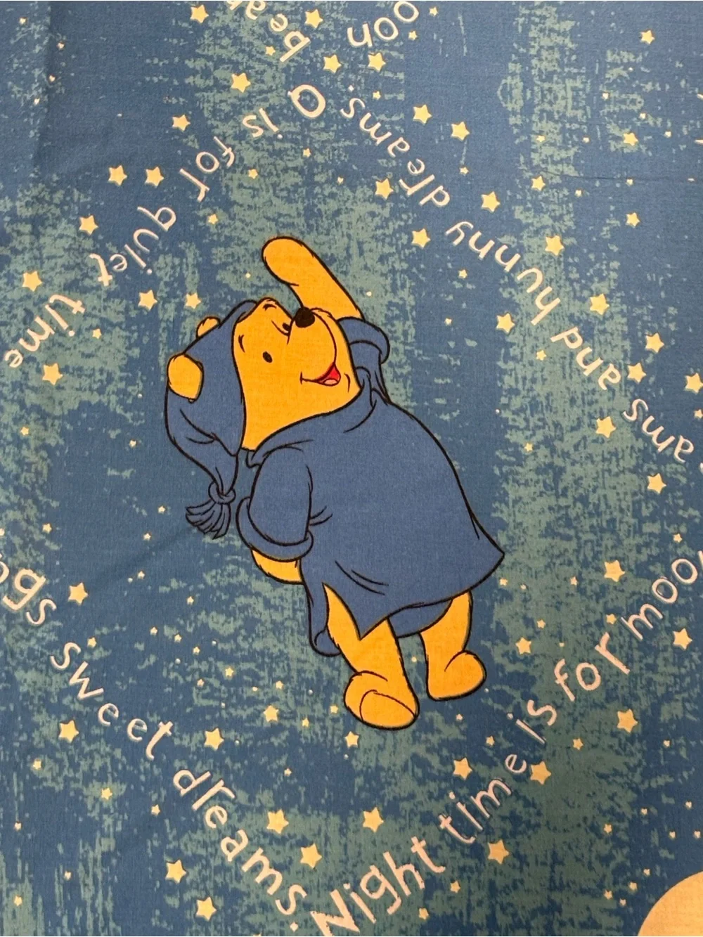 Winnie the Pooh Vintage Disney Blue Twin Flat Sheet Bedtime Nighttime Moon Stars